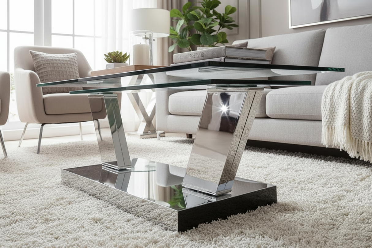 Table basse pivotante verre avec pieds chromés miroir