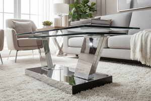 Table basse pivotante verre avec pieds chromés miroir