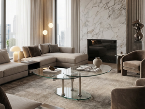 Table basse ovale pivotante dans un salon contemporain – verre trempé transparent – pieds métal chromé