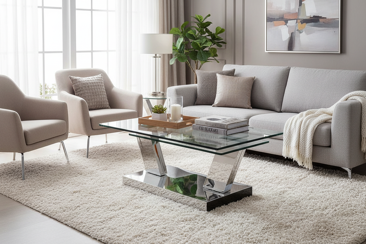 Table basse verre 2 plateaux pieds chromés V en situation dans un salon contemporain