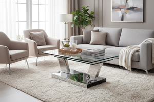 Table basse verre 2 plateaux pieds chromés V en situation dans un salon contemporain