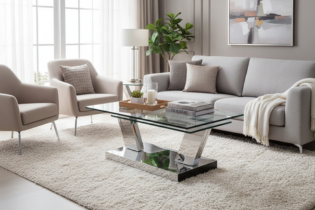 Table basse verre 2 plateaux pieds chromés V en situation dans un salon contemporain