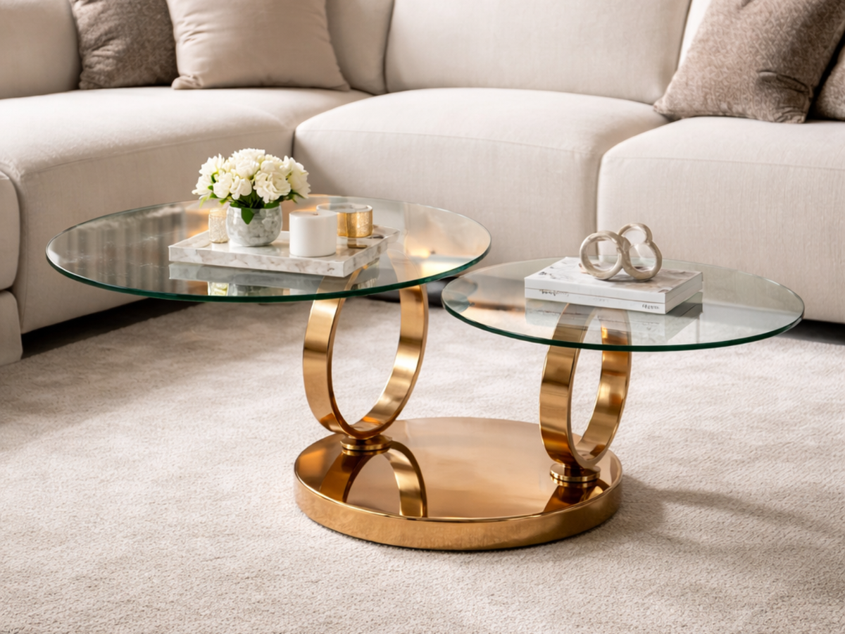 Olivia table basse ronde verre pieds cuivré – vue d'ensemble, plateaux fermés
