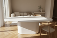 Table organique en beton cire beige dans un salon contemporain 