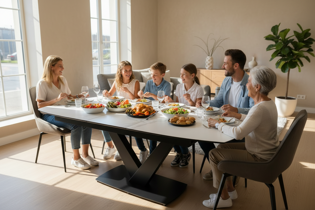 Columbiana table céramique marbre extensible – zoom plateau effet marbre blanc, finition sans joint apparent