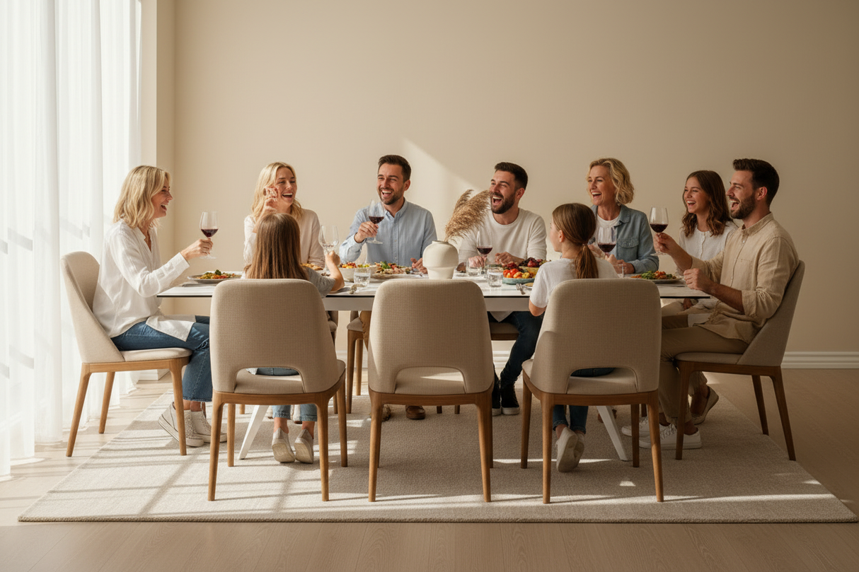 Table Thorus céramique marbre blanc extensible – configuration 10 personnes en ambiance familiale
