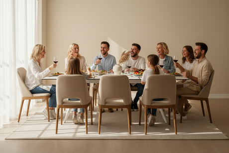 Table céramique marbre blanc – 10 personnes en famille, déjeuner contemporain