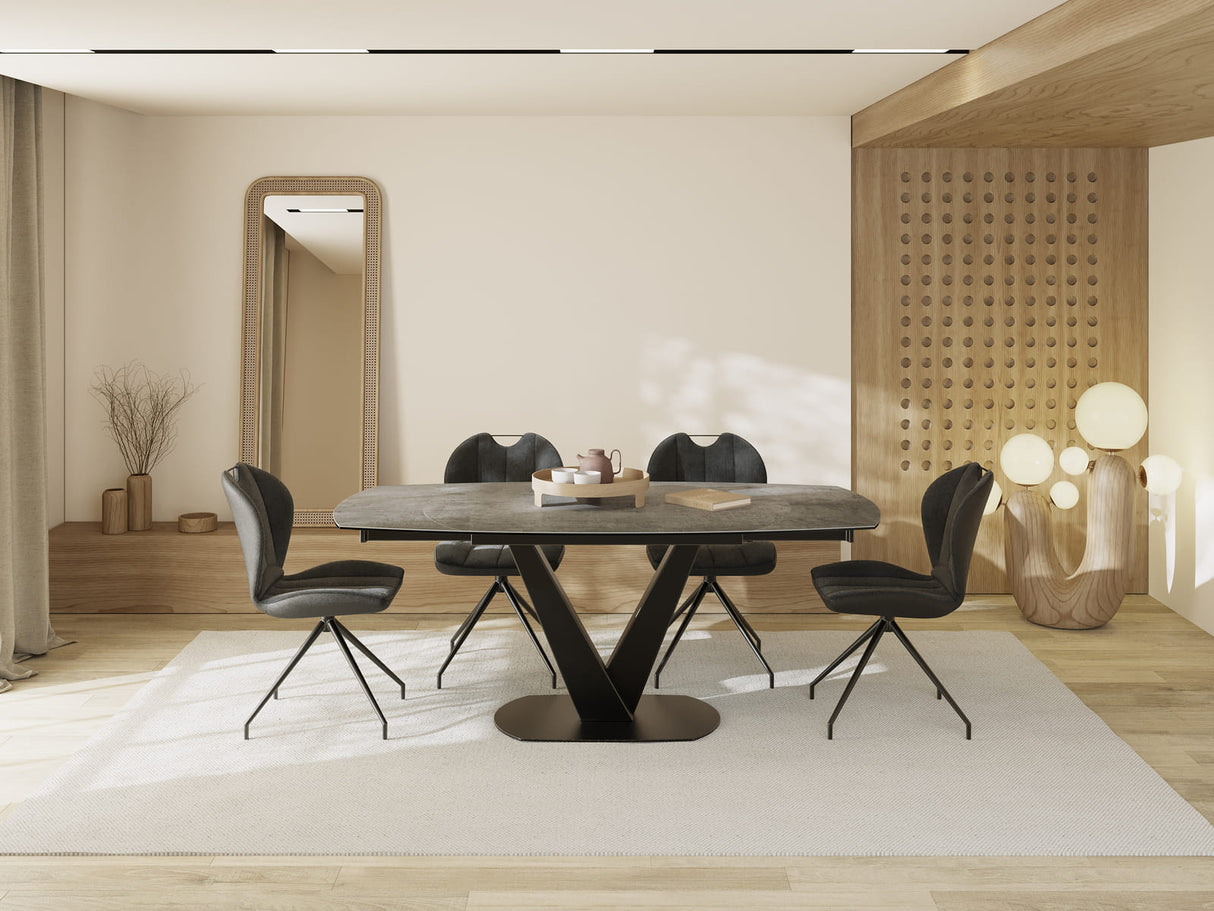 Table céramique extensible gris clair moderne pieds central noir - Souffle d'intérieur - Akante