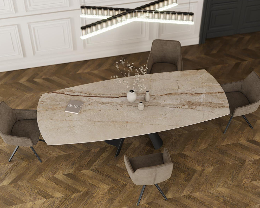 Atlas table céramique extensible – vue de dessus finition Breccia, plateau ouvert pied central