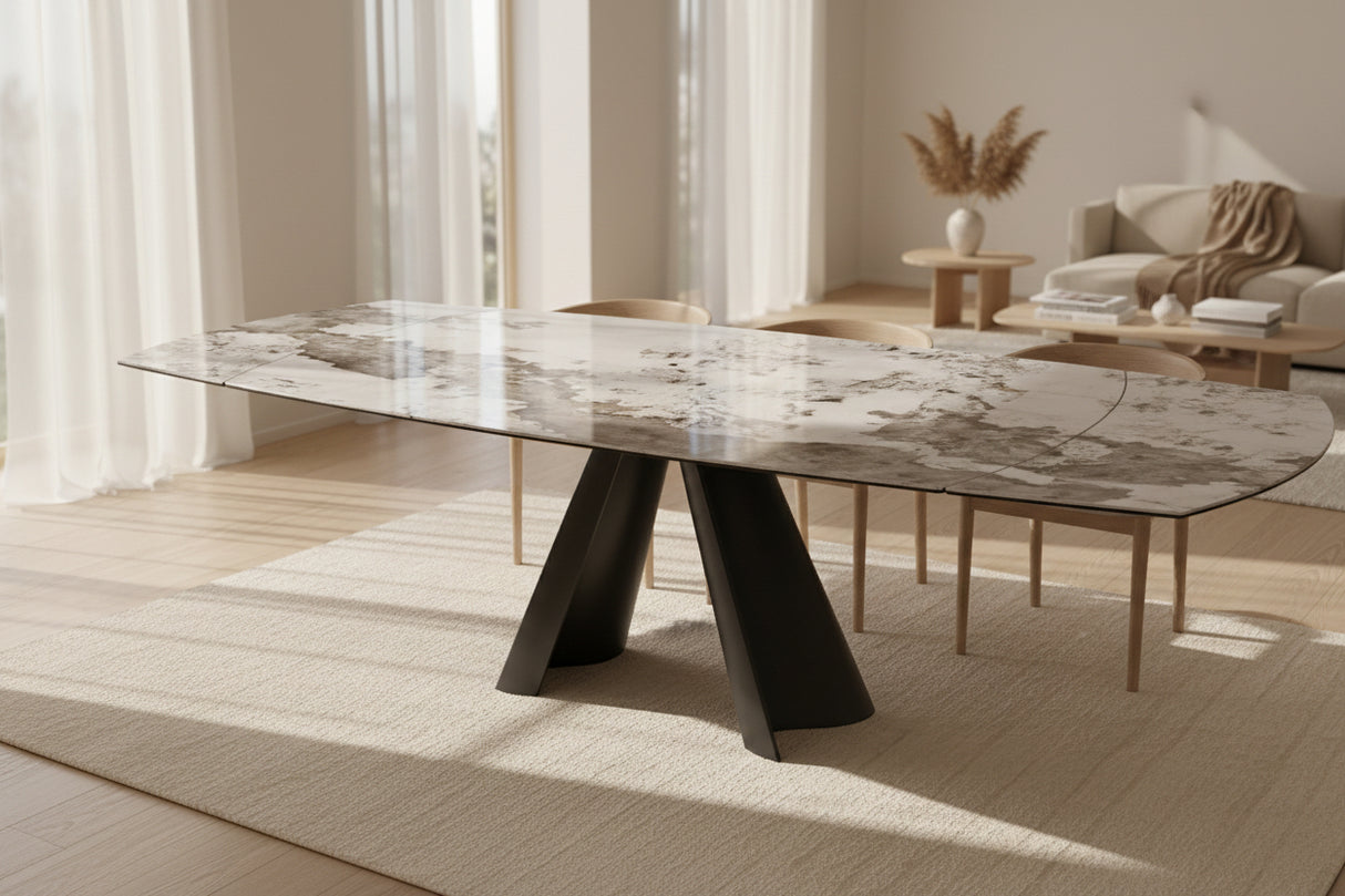 Atlas céramique extensible 6 mm – format 190→270 cm ouvert, finition Marbre Calcatta