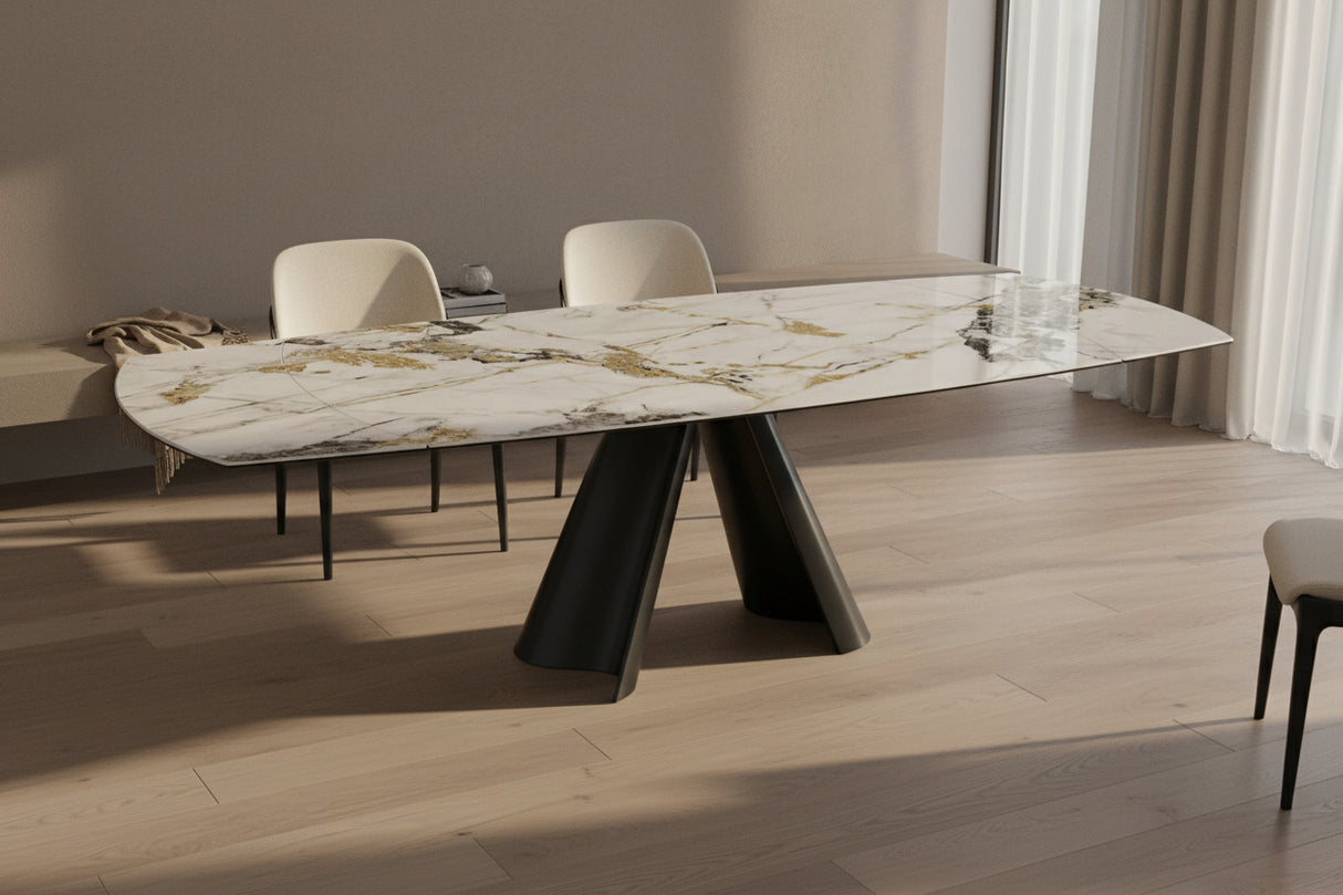 Atlas céramique extensible 6 mm – format 190→270 cm ouvert, finition Marbre Doro