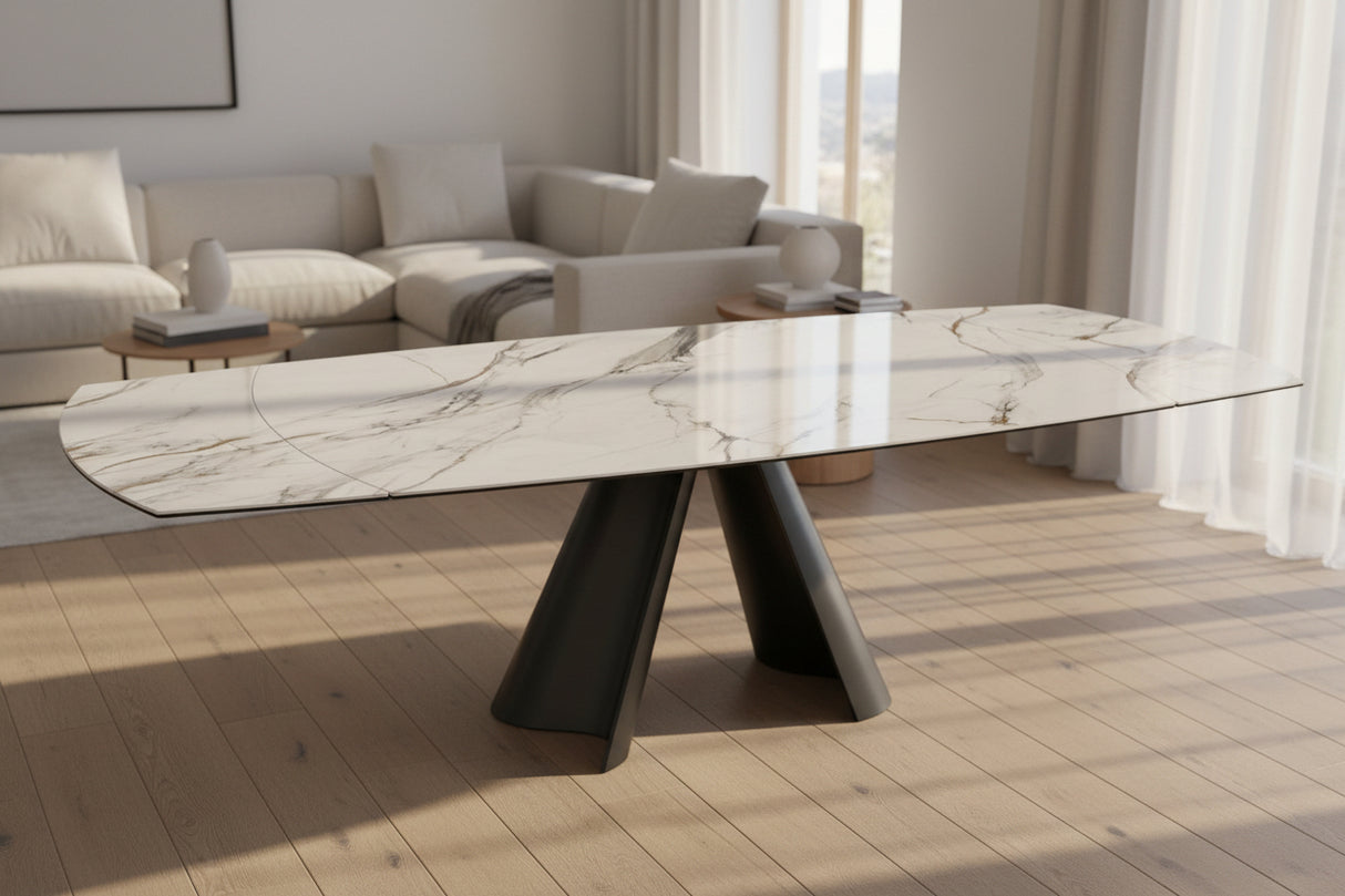 Atlas céramique extensible 6 mm – format 190→270 cm ouvert, finition Marbre Fiorentino brillant