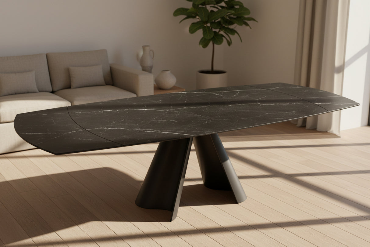 Atlas céramique extensible 6 mm – format 190→270 cm ouvert, finition Marbre Marquina mat