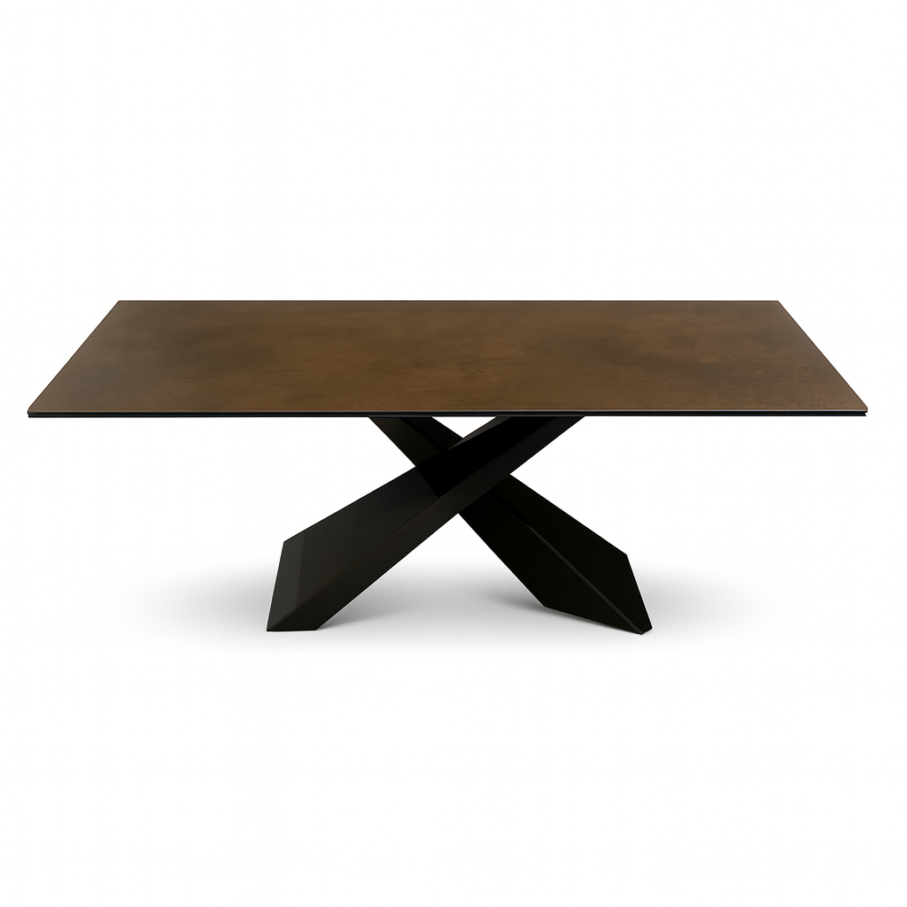 table extensible en céramique effet métal rouille bronze de la marque lievens sur fond blanc vue de face 