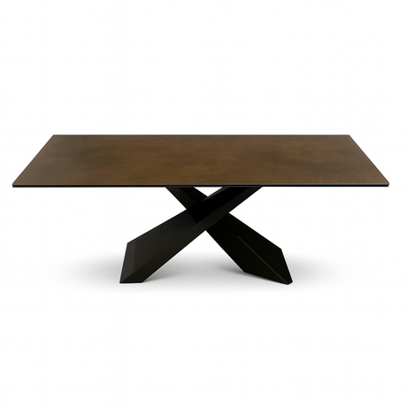 table extensible en céramique effet métal rouille bronze de la marque lievens sur fond blanc vue de face 