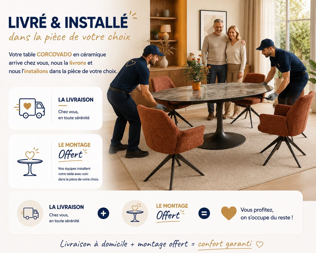Corcovado céramique extensible rotative – piètement tulipe acier laqué noir mat et chant plateau 6 mm