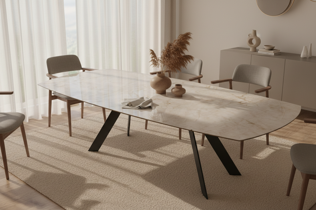 Missouri table céramique extensible tonneau – zoom piètement acier laqué et structure de la table