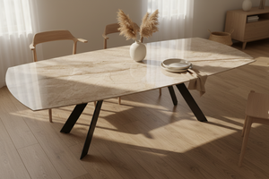 Missouri table céramique 6 mm tonneau – vue de face piètement acier noir mat, chant de plateau