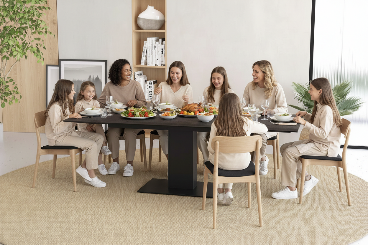 Table à manger extensible en céramique en situation - repas en famille 8 personnes