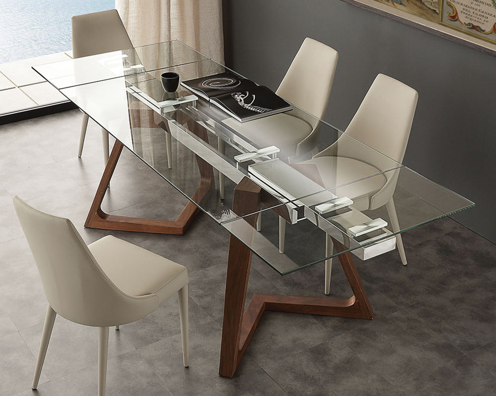 Table Ken en verre extensible avec pieds bois noyer incurvés - vue principale design
