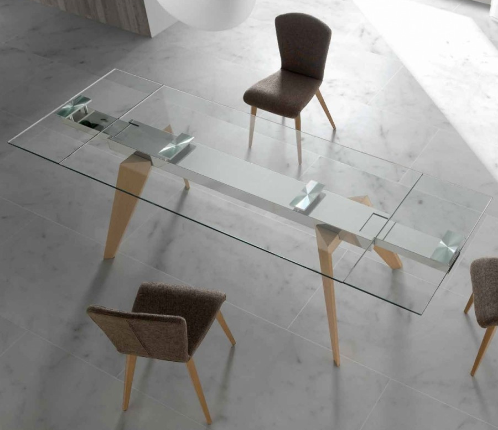 Table en verre avec rallonge moderne rectangulaire pieds bois - Souffle d'intérieur