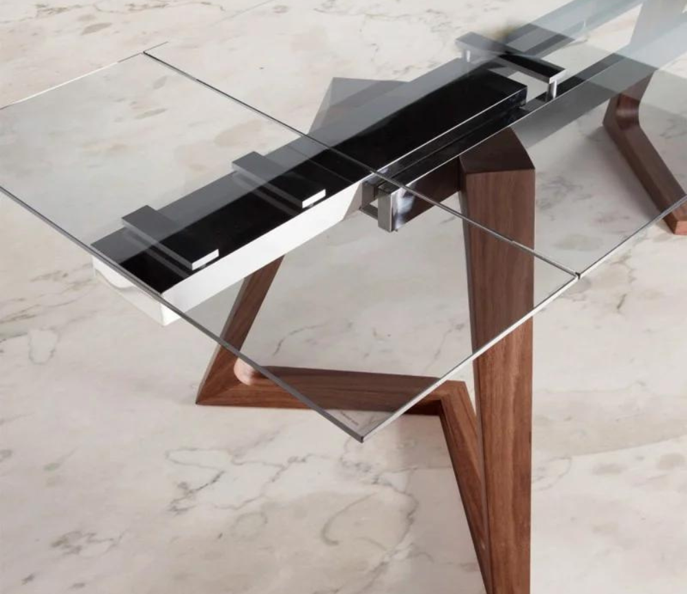 Table à manger Ken extensible - détail mécanisme rallonges verre trempé
