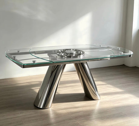 Table en verre extensible Landy, piétement design en inox chromé, vue de trois quarts