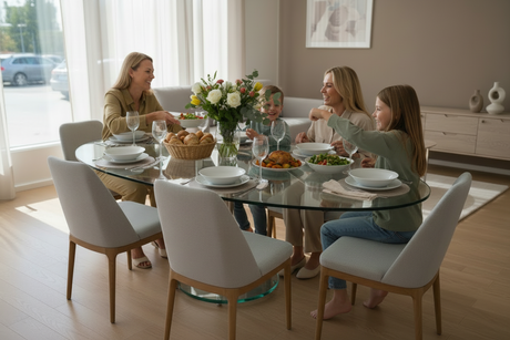 Table de salle à manger ovale en verre transparente extensible en position ouverte - Souffle d'intérieur Yerres - eda concept