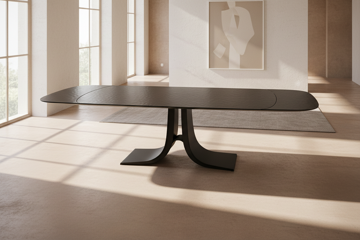 Aurelie table à manger en verre noir extensible – vue d'ensemble effet mouillé - Lievens
