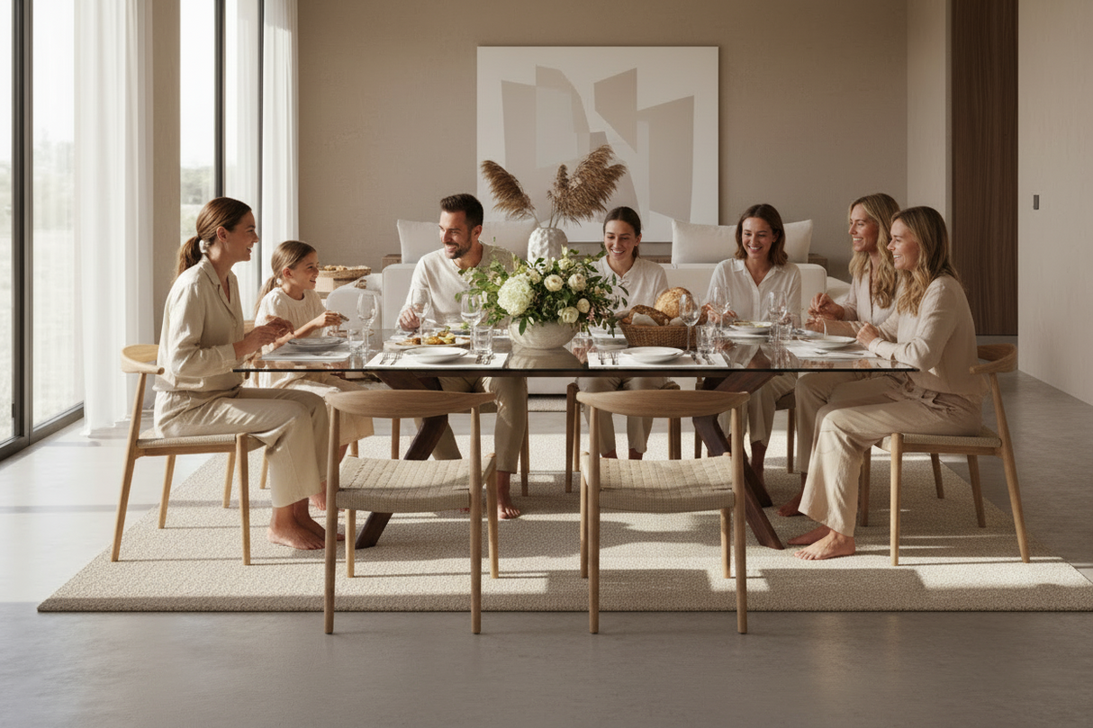 Table en verre trempé transparent extensible et pieds en bois