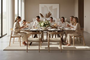Table en verre trempé transparent extensible et pieds en bois