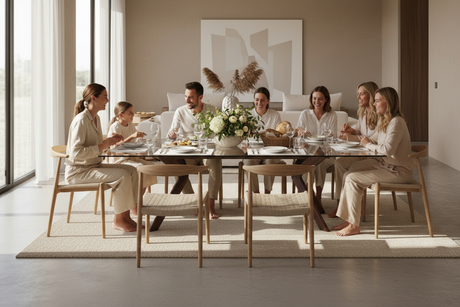 Table en verre trempé transparent extensible et pieds en bois