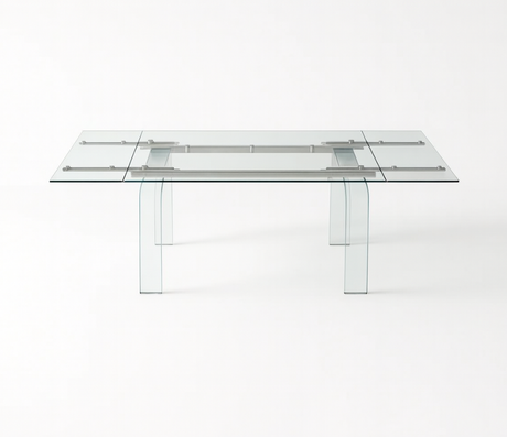 table en verre transparente sur fond blanc