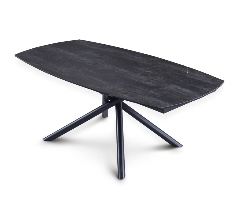 Table extensible Miranda – vue 3/4 – ouverte – céramique noir – pieds métal noir