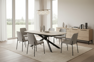 Table extensible céramique travertin dans une salle à manger contemporaine