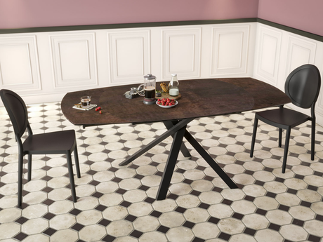 table kheops akante ceramique extensible en ambiance dans une salle a manger avec carrelage au sol 