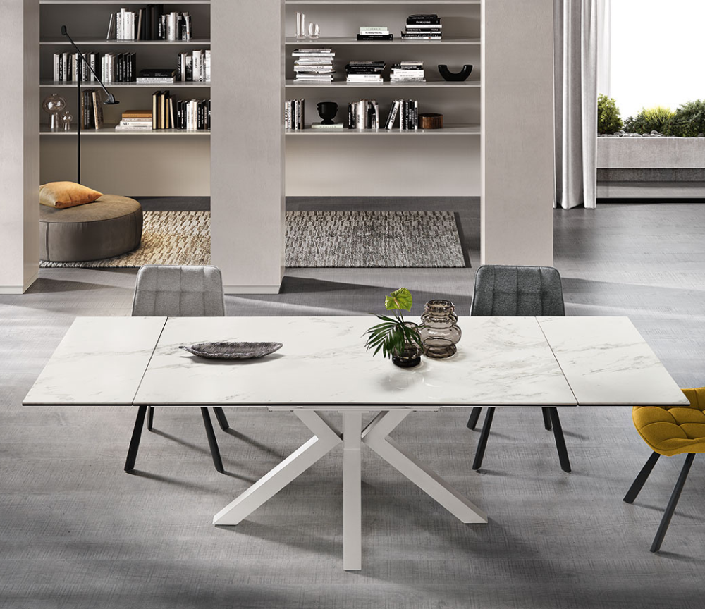 Table ceramique marbre blanc mat extensible design pieds central métal - Souffle d'intérieur