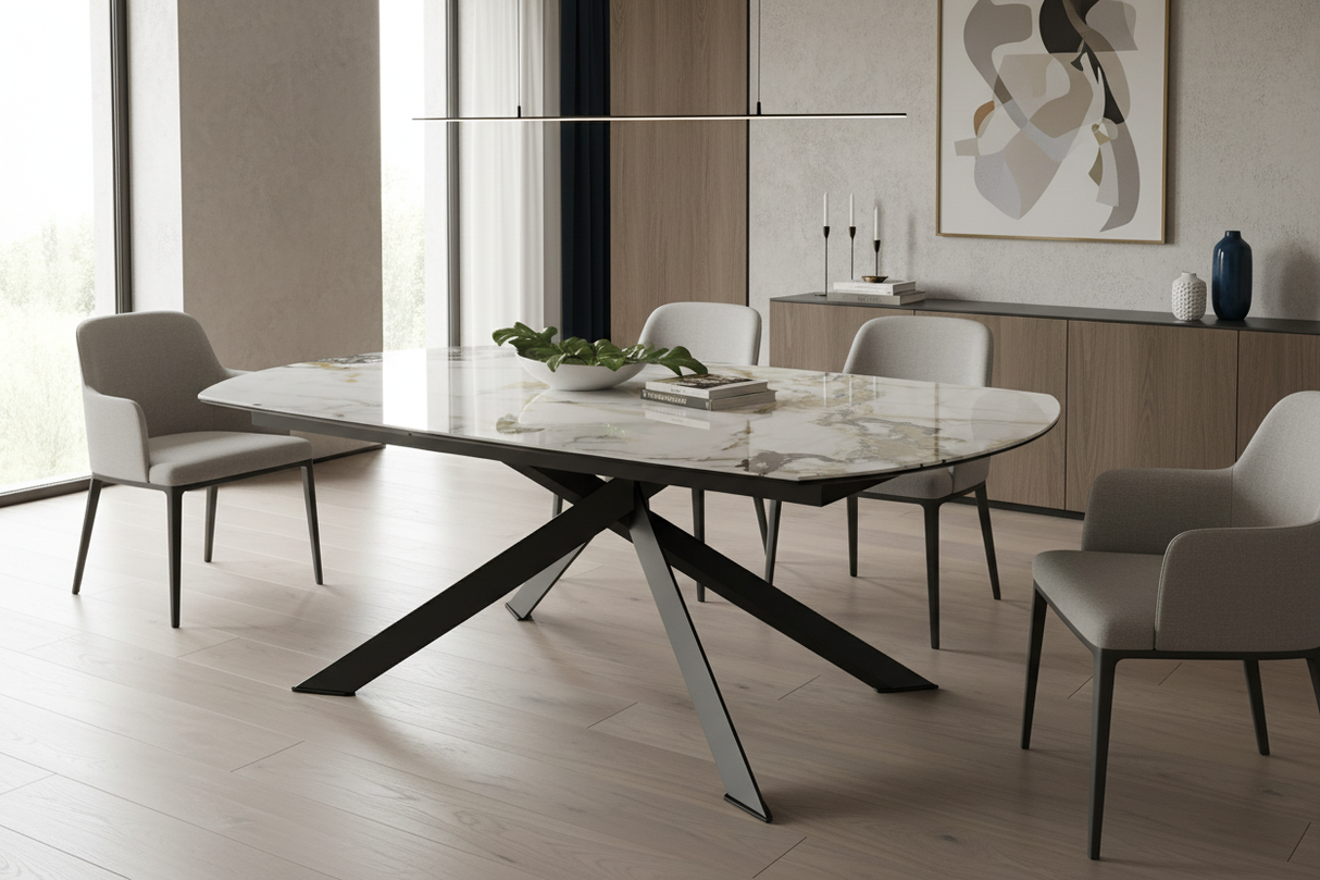 Table Grande Kheops céramique extensible – détail piétement angulaire métal noir-akante