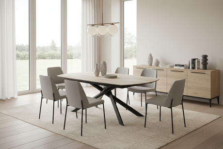 Table Grande Kheops céramique travertin extensible – ambiance salle à manger contemporaine