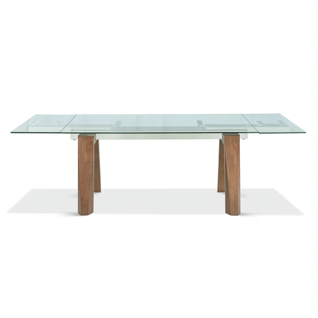 table de salle a manger extensible en verre avec rallonge et 4 pieds en bois de chene clair