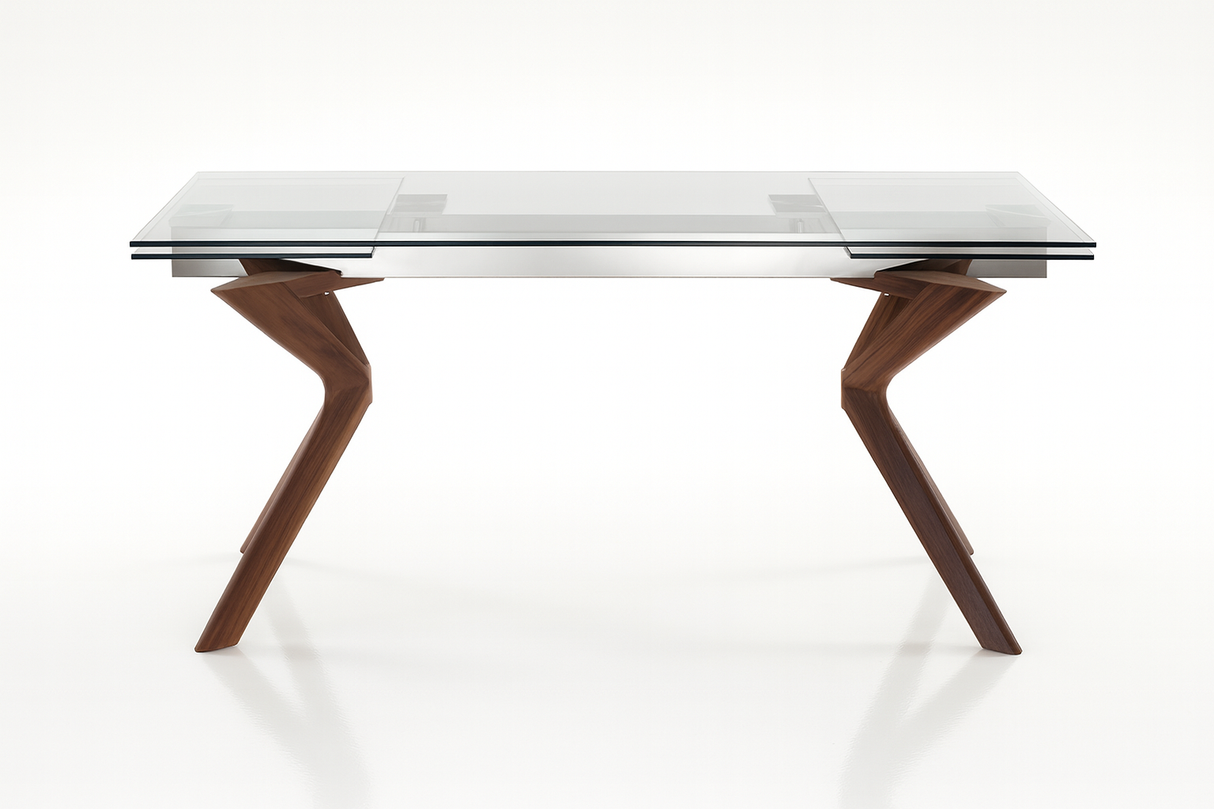 Table en verre extensible au design moderne avec pieds bois sur fond blanc