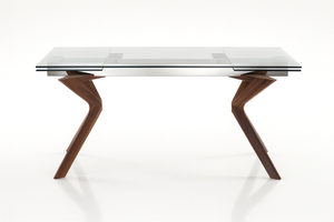 Table en verre extensible au design moderne avec pieds bois sur fond blanc