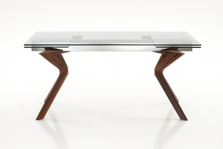 Table en verre extensible au design moderne avec pieds bois sur fond blanc
