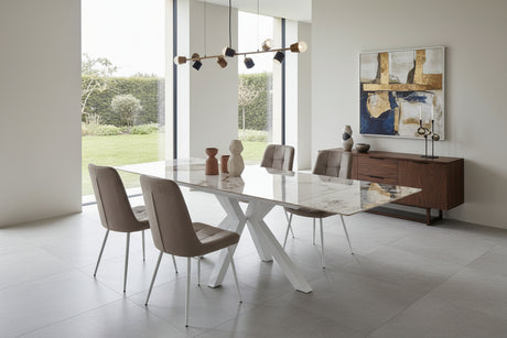 table a manger effet marbre ceramique extensible rectangulaire en position ouverte