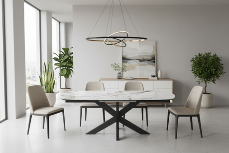 Table extensible ceramique effet marbre blanc pied étoile noir en situation dans une salle a manger contemporaine