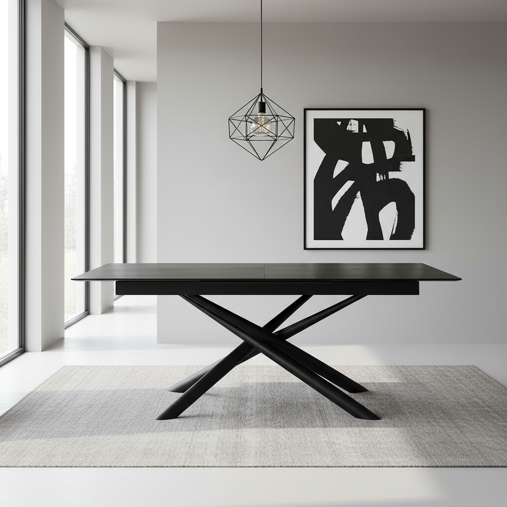 Barbara table extensible céramique ardoise anthracite – vue d'ensemble salle à manger, pied central croisé métal noir mat - lievens