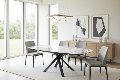 Table Kheops marbre Calacatta en salle à manger contemporaine