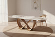 Lyra table céramique calacatta brillant – vue d'ensemble format 220 cm, piètement ruban bois noyer