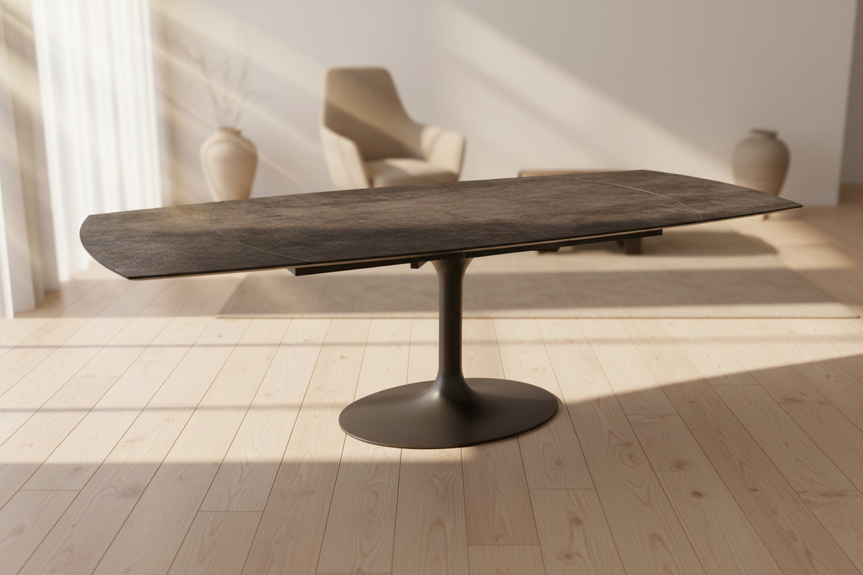 Corcovado céramique extensible rotative – format 160→240 cm ouvert, finition Acier