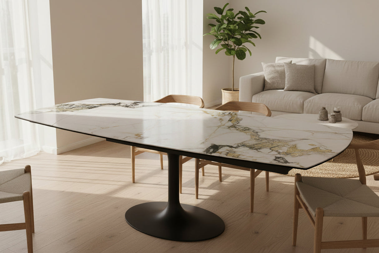 Corcovado céramique extensible rotative – format 160→240 cm ouvert, finition Marbre Doro